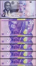 Belize 2 Dollars 2025, UNC, 5 Pcs Consecutive LOT, P-73,  New Design
