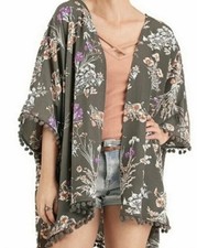 Umgee Women's Medium/Large Kimono Cardigan Grey Floral Pom Pom Trim Duster Fairy