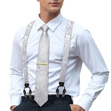 Men's Suspenders and Tie Set Silk Adjustable Elastic Y Braces with Silver