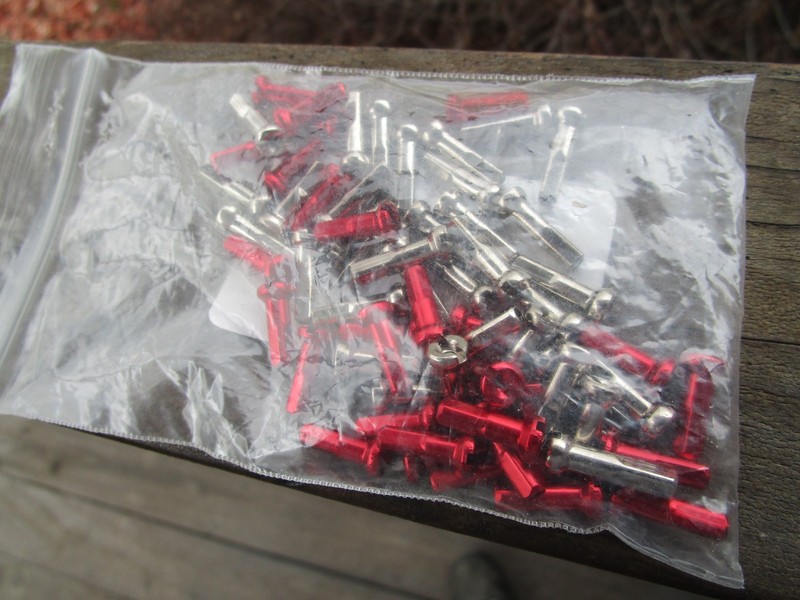 Bicycle spoke nipples red aluminum & nickel plated brass misc. - 29 and 35 count
