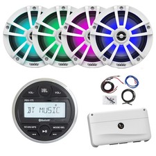 JBL Marine Bluetooth Receiver, 4x 6.5" 225W LED Boat White Speakers, Amp w/Kit