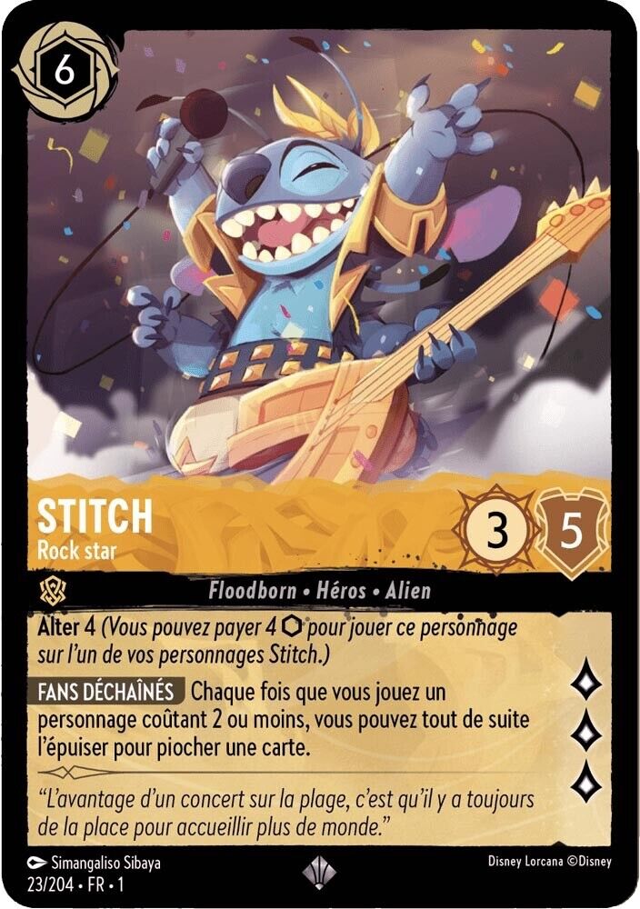 23/204 FR, Stitch, Rock Star, carte Super Rare Disney Lorcana (2023)