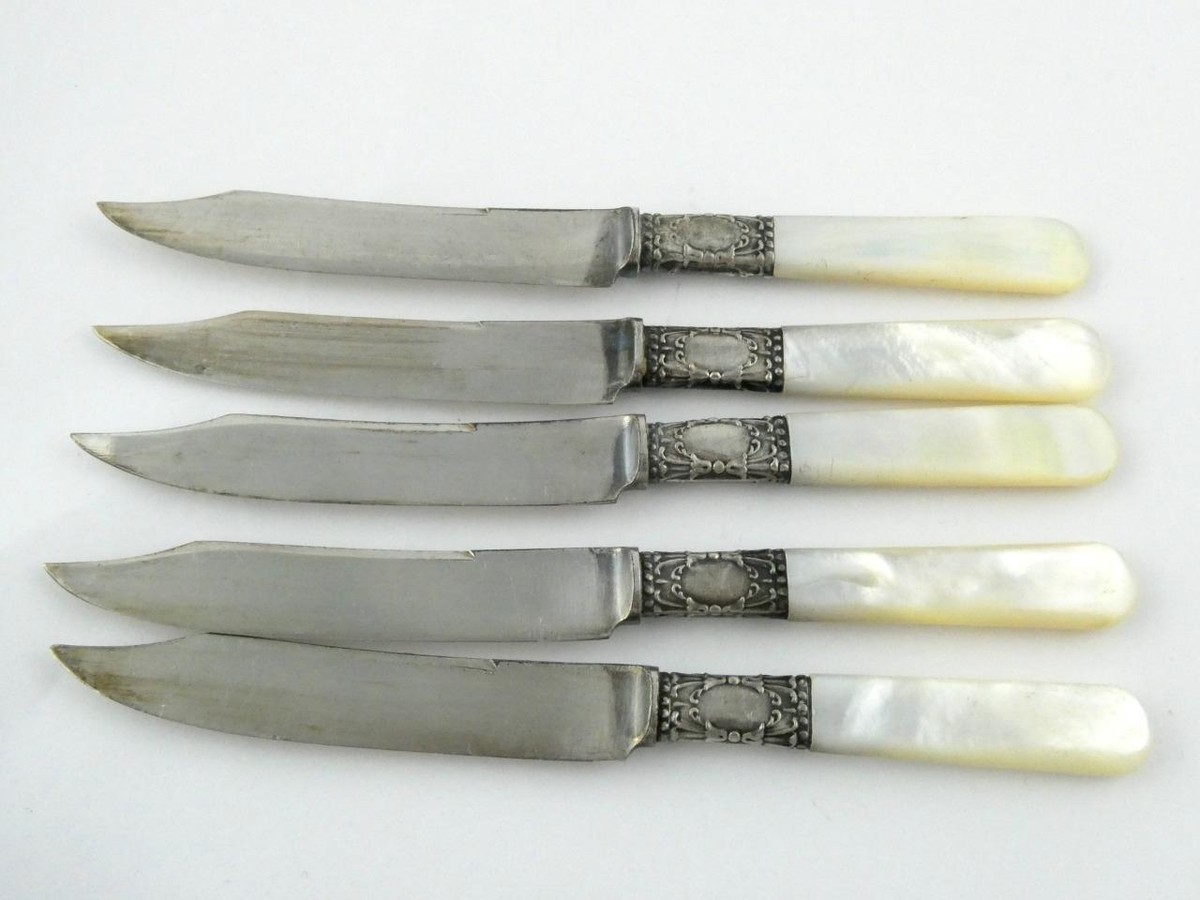 M5 Sterling Silver ヴィンテージ マザーオブパール ナイフ Set of 5 Mother of Pearl Shell Handle Sterling Sillver Collar