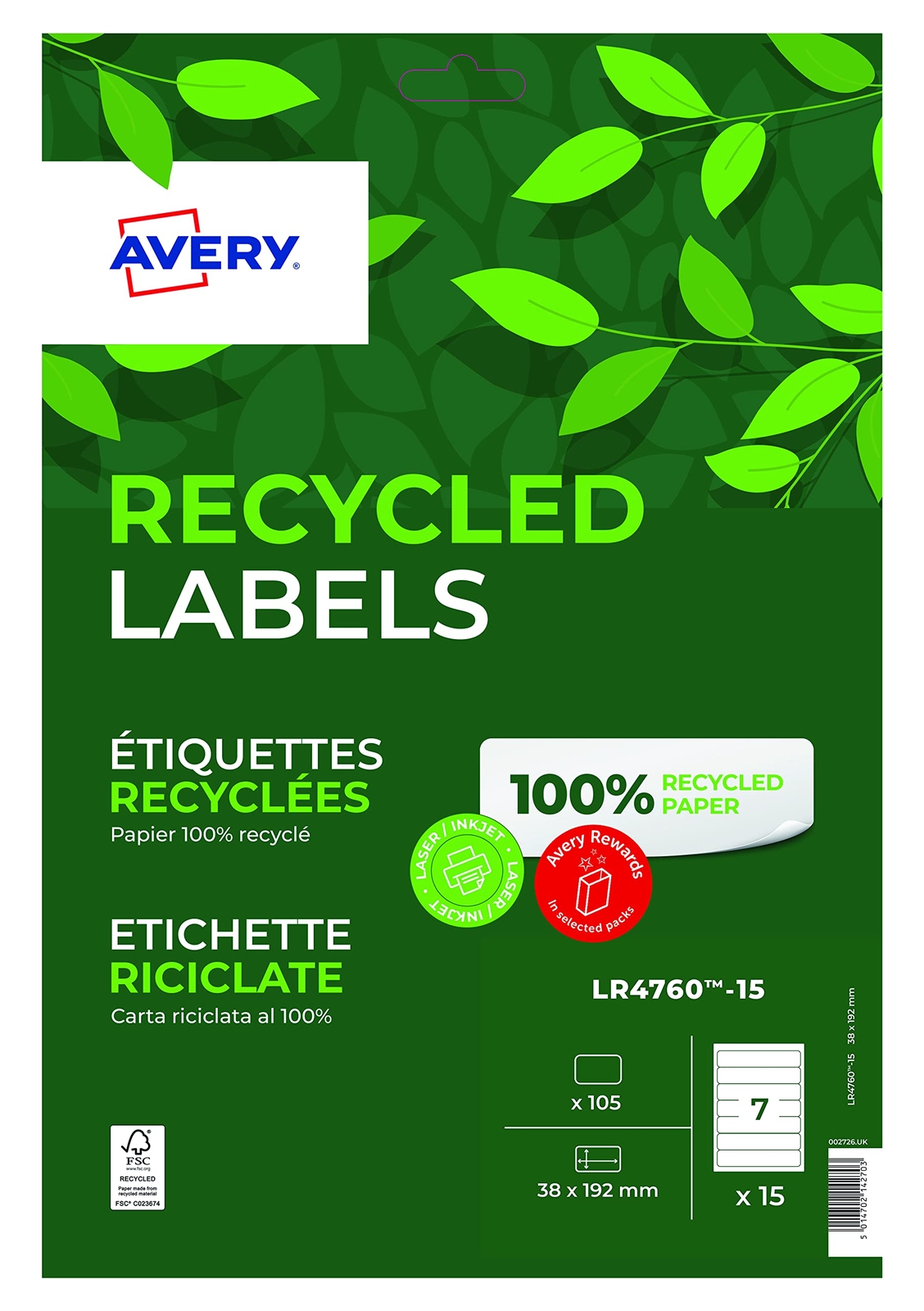 Avery Recycled Filing Labels LR4760-15, 38 x 192 mm 15 Sheets of 7 Labels