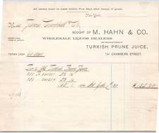 1888 M. Hahn & Co Turkish Prune Juice & Liquor Dealers New York  NY Billhead 7"H