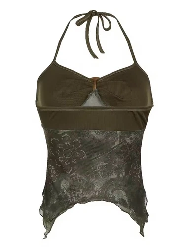 Women Y2K Khaki Lace Halter Top Cami Vest Vintage - Picture 4 of 6