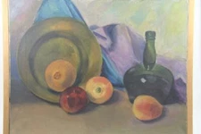 Signed Dated 1928 Antique Primitive Oil on Canvas Still Life Fruit Painting