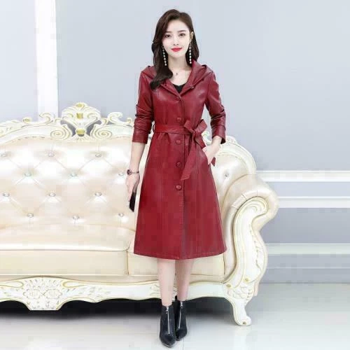 Элегантный женщин искусственной кожи Тренч длинный с капюшоном ветровка пальто парка KDQM - Изображение 4 из 4