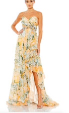 MAC DUGGAL 68117 FLORAL RUFFLED ASYMMETRICAL HEM STRAPLESS PEACH MULTI GOWN sz 6