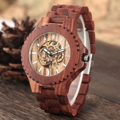 Antique Red Sandalwood Watch Men's Automatic Mechanical Wristwatch Wooden Strap