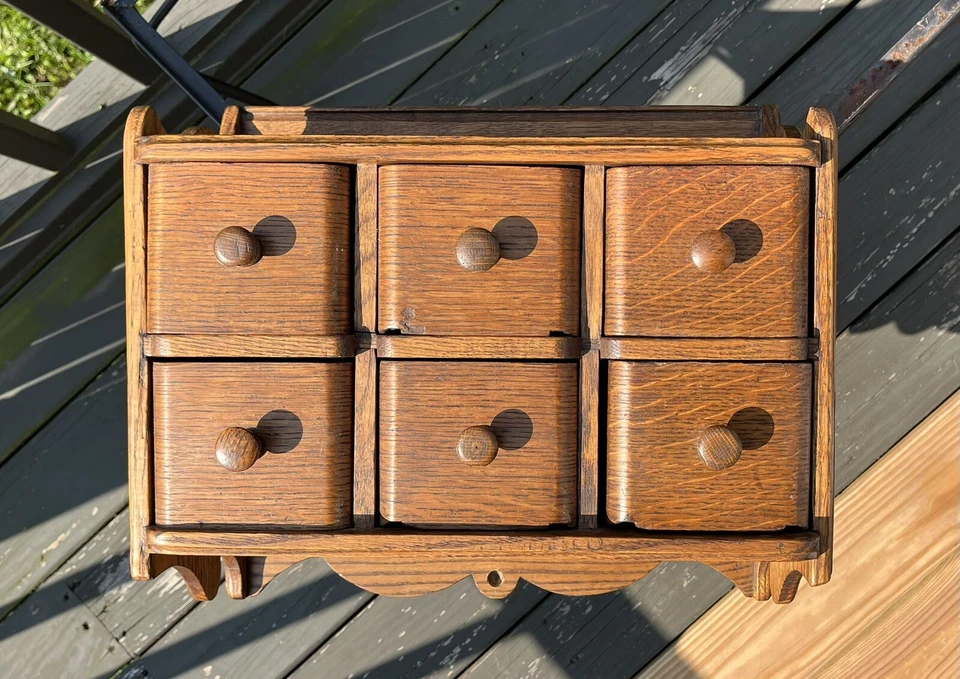 ANTIQUE WALL MOUNTED 6 DRAWER SEWING SPICE STORAGE CABINET *HEAVY - Image 4 of 4