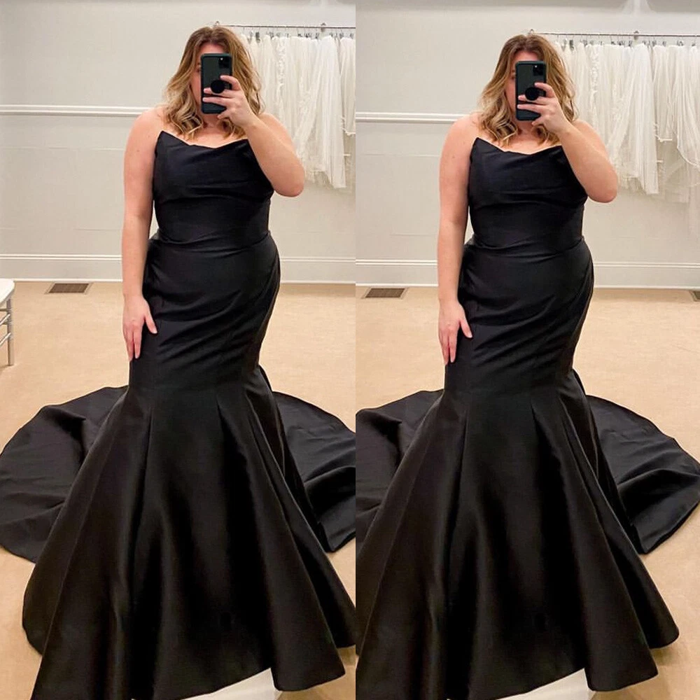 Gothic Black Plus Size Wedding Dresses Mermaid Sleeveless Satin Bridal Gowns - Picture 1 of 10