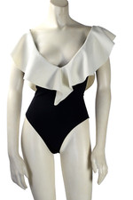 H M Black White V-Neck Ruffle Flounce Trimmed Maillot One Piece Swimwear Size XS