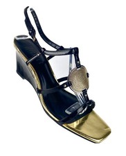 VTG Nickels Gold Medallion Wedge Sandals Black Gold Ankle Strap Womens 9 M