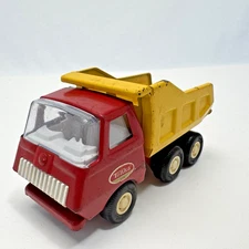 Vintage Early 70's TONKA Pressed Steel Mini Red & Yellow Dump Truck 5”