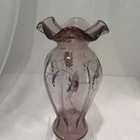 Vintage Fenton Style Purple Glass Vase with Ruffle Top - Hand Painted - 9” Tall