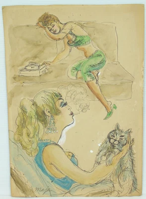 Maja Berezowska (1898-1978) - 2 Frauen beim Chillen mit Musik & Katze um 1960 - Bild 1 von 4