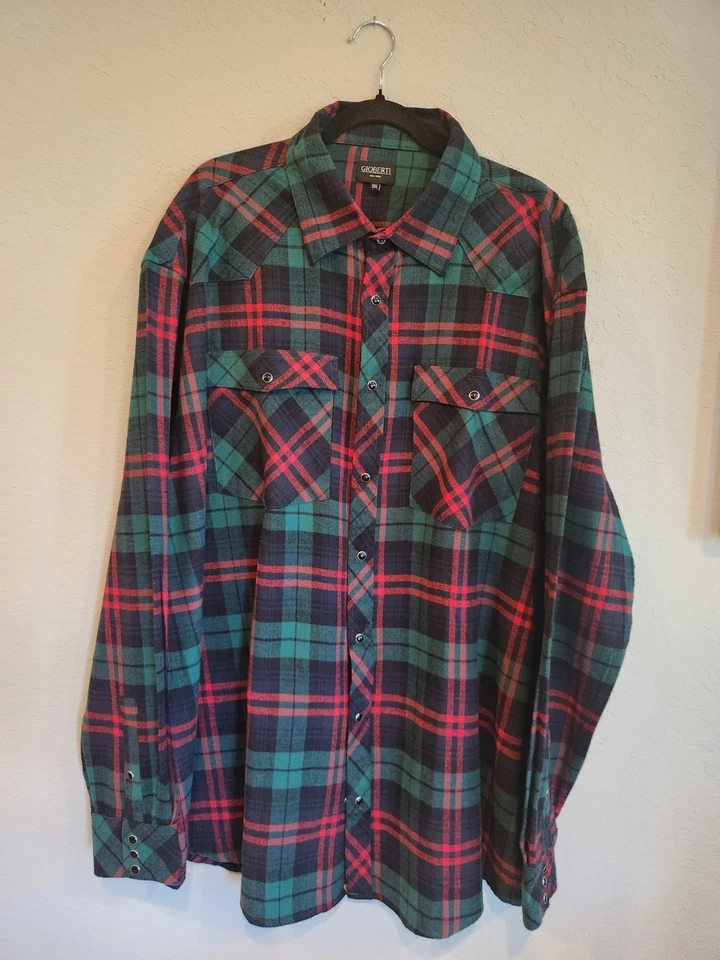 Camisa de franela Gioberti 3XL occidental con botones a presión roja verde a cuadros 100 % algodón para hombre Foto 3 de 4