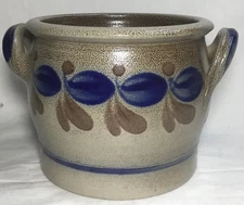 M Schilz, salt glazed crock, gray, blue, brown, 4 cup capacity, fall