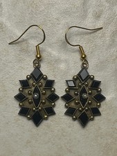ORNATE ANTIQUE VICTORIAN GOLD FILLED ONYX SEED PEARL DANGLING MOURNING EARRINGS