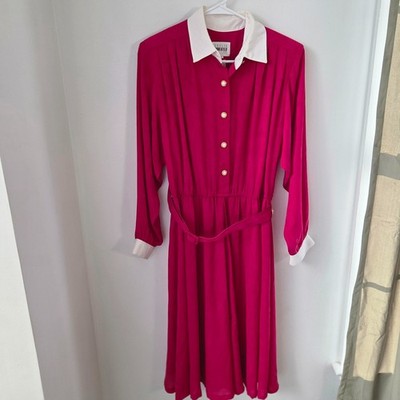 Leslie Fay Petite 12 Pink Shirt Dress Pleated Belted Gold Button Vintage Preppy