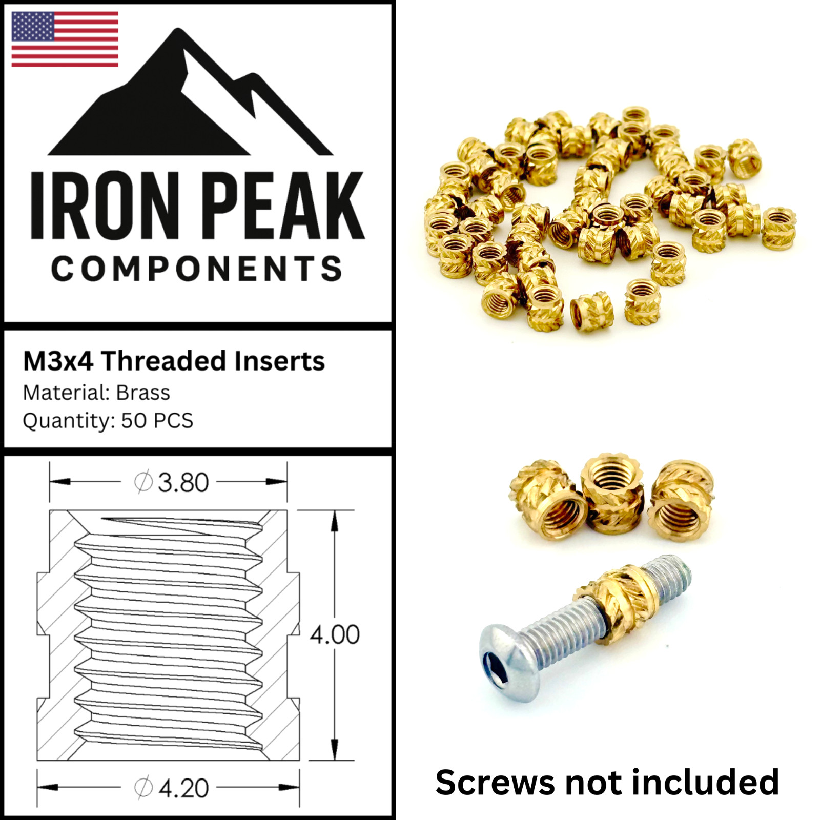 M3x4 Brass Heat Set Threaded Inserts Knurled Nuts for 3D Printing Plastic 50 Pcs