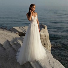 White V Neck Spaghetti Strap Lace A Line Wedding Dress Tulle Beach Bridal Gown