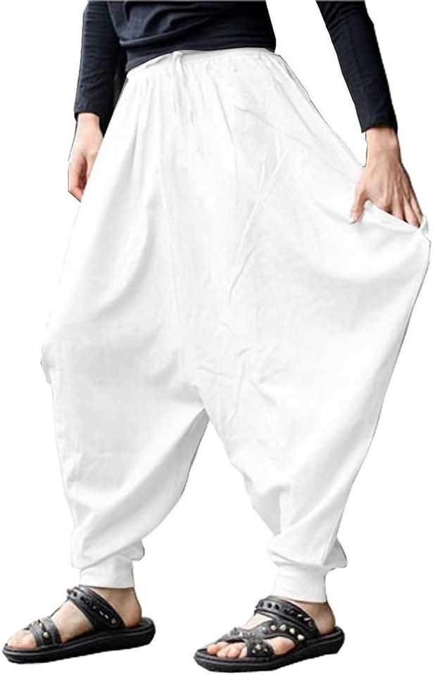 AITFINEISM Pantaloni Harem Unisex Aladdin - Bianco, XX-Large, In Cotone Con Vita Regolabile - 2