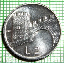 SAN MARINO 1988 2 LIRE, Arco della Fratta - Fortifications Series ALUMINIUM UNC