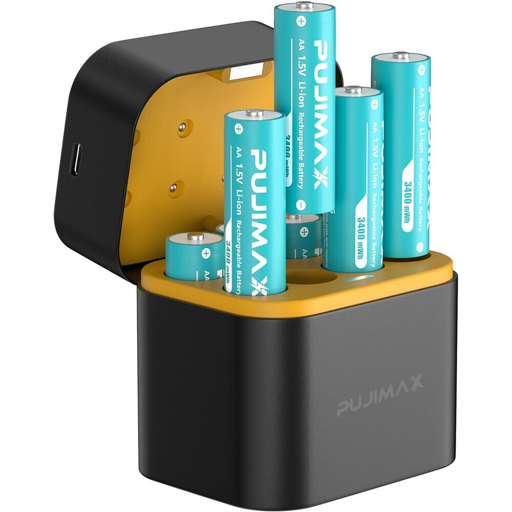 PUJIMAX Rechargeable AA Lithium Batteries – 1.5V, 3400mWh, With Integrated Charger Box