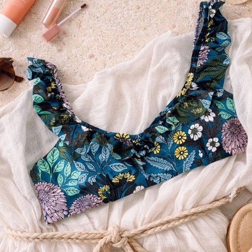 J.Crew Bikini Top Womens S Teal Floral Abigail Borg Ruffle V-Neck J4800
