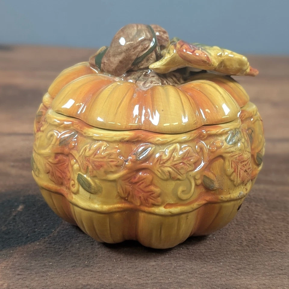Pumpkin Trinket Box Fall Decor Autumn Leaves Acorns Ceramic Container - Image 3 of 4