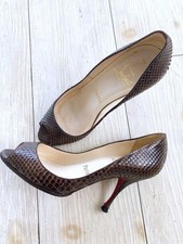 Christian Louboutin Open Toe Python Pumps Size 35 US 5 Brown Designer Heels