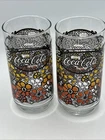 Vtg Coca Cola 1970's Tumbler Drinking Glasses Orange Yellow Flowers 5.5"