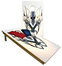 Skulls and Piston CORNHOLE BEANBAG TOSS GAME w Bags Game Board Fire Set 