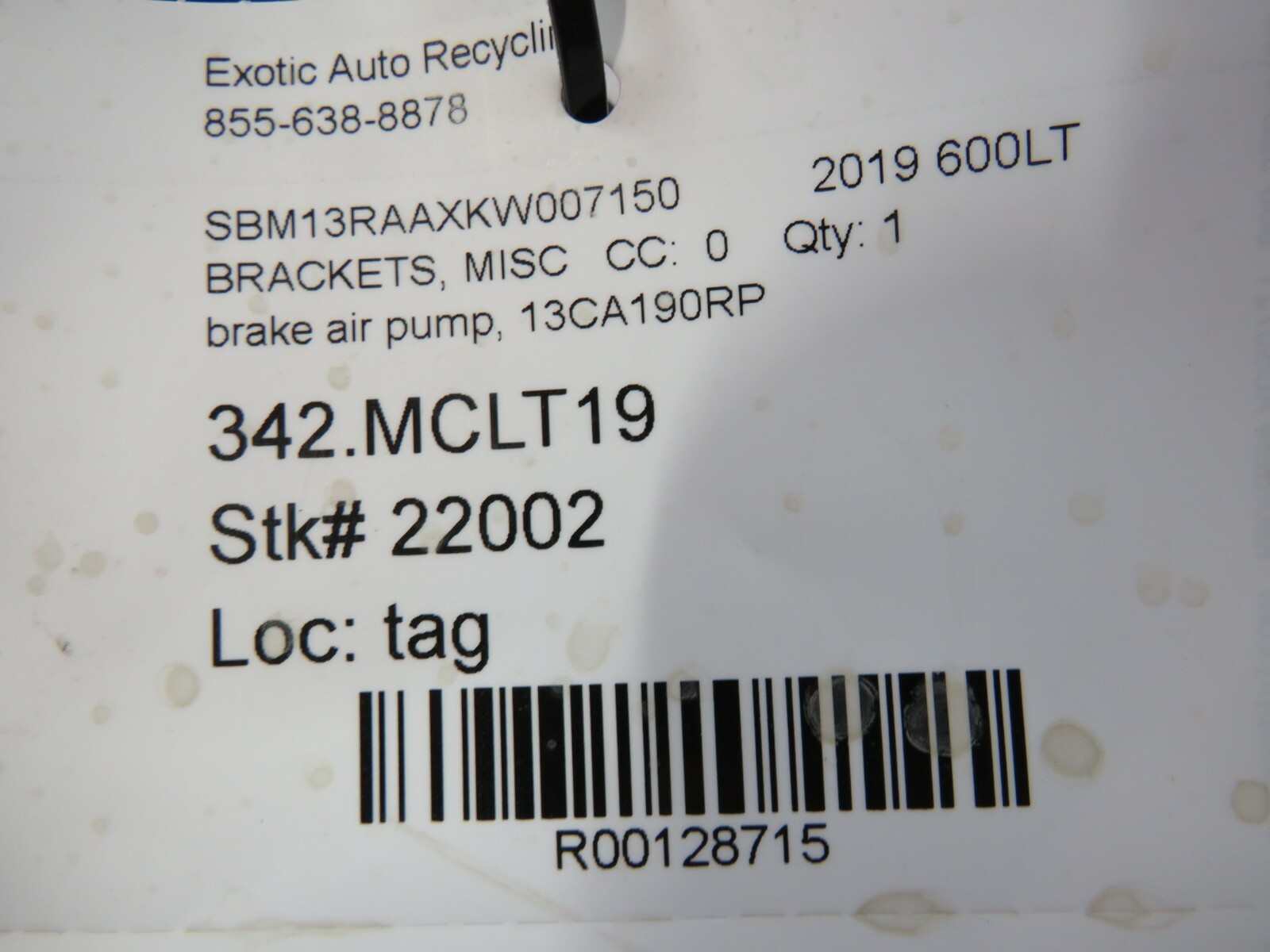 McLaren 600LT, Brake Air Pump Bracket, Used, P/N 13CA190RP