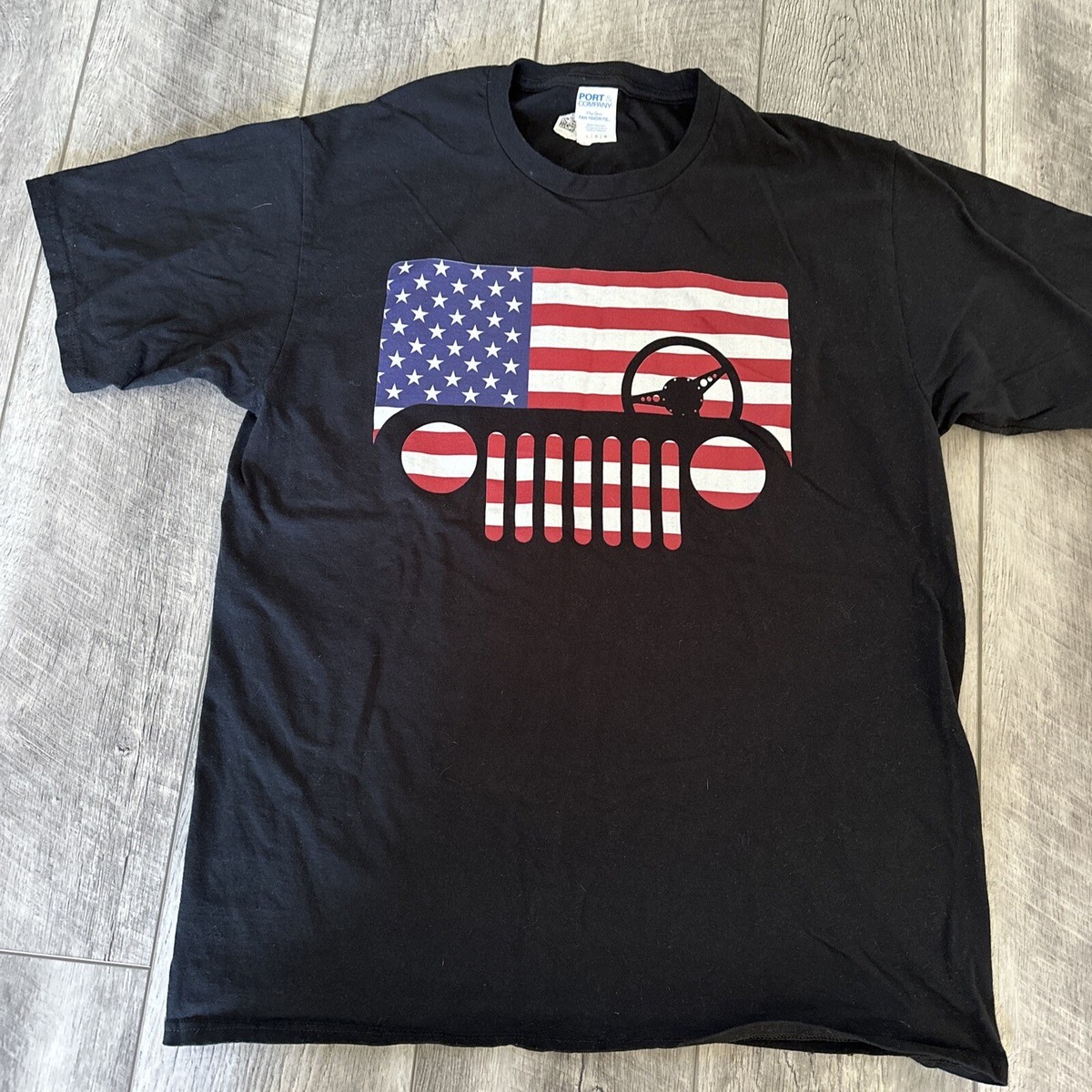 Jeep Port Company Vintage Black T Shirt Size L w/ Flag