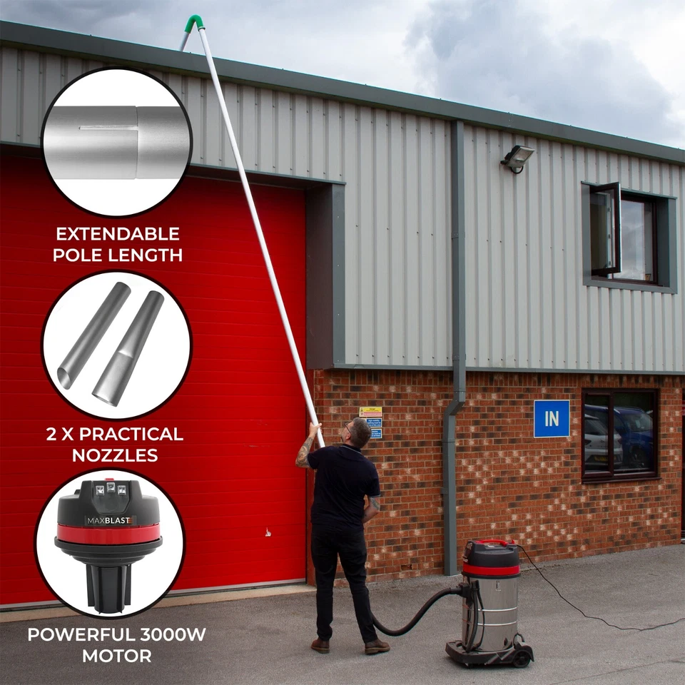 MAXBLAST Gutter Vacuum Pole Kit Long Reach Drain Pipe Cleaning & 80L Wet & Dry Hoover