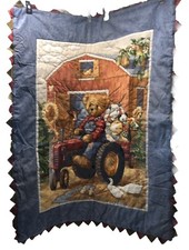 Blue Jean Teddy Bear Baby Quilt Blanket Farm Tractor Barn, Pre-owned