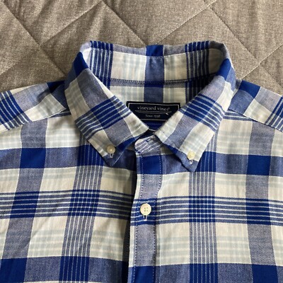 Vineyard Vines Long Sleeve Button Up Shirt Men s Medium Blue Plaid Linen Stretch