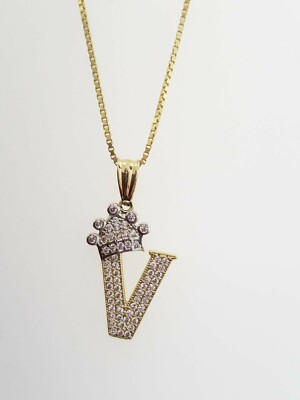 14k Yellow Gold CZ Crown Initial Alphabet Letter V Pendant Charm