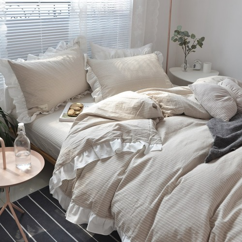 Washed Cotton Bedding Set Princess Bed Set Ruffled Striped Cover Bedding  Sets