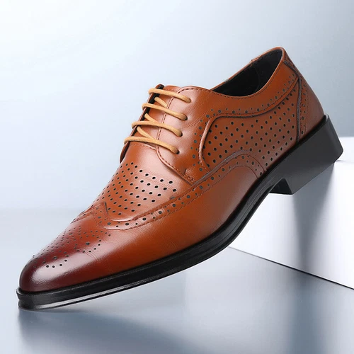 Men's Brogue Pointed Lace Up Oxfords Formal Business Dress Wedding Leather Shoes - Picture 12 of 28
