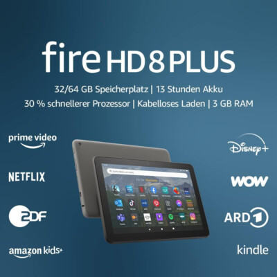 Amazon Fire HD 8 Plus Tablet 8 Zoll HD, 32 GB, 3 GB RAM, grau, mit Werbung - NEU