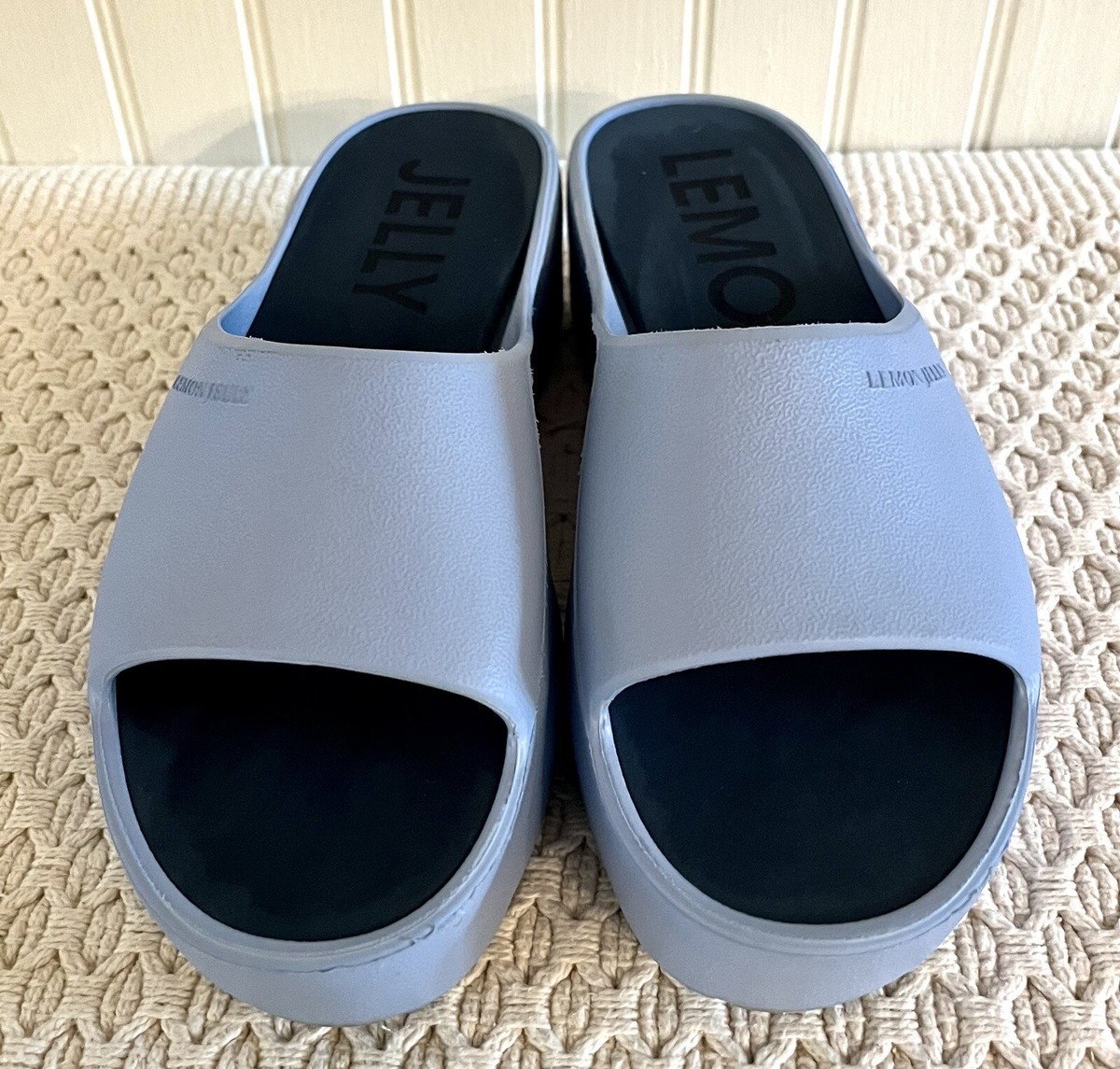 Lemon Jelly Sunny Vegan Blue Platform Slides Sz 40 US Slip