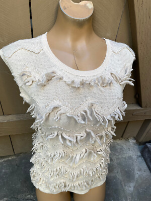 YELLOW BIRD by ANTHROPOLOGIE Ivory Cap Sleeve Top w/ Zig Zag Fringe - Women's S