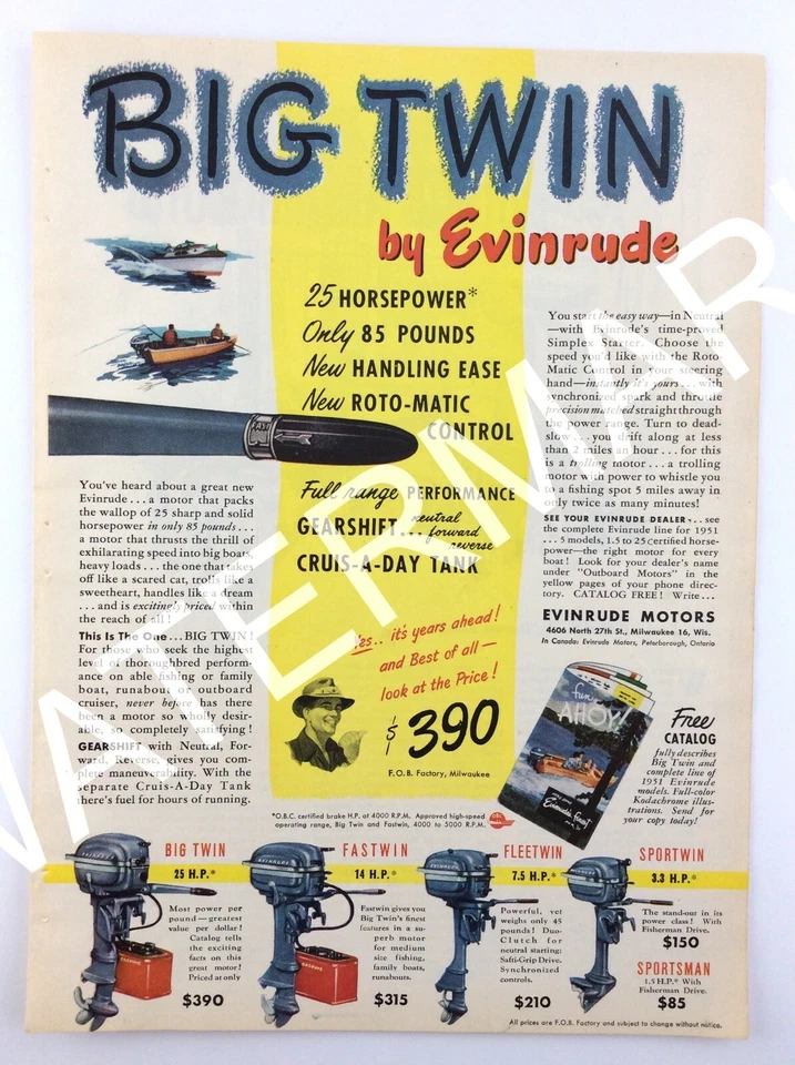 Evinrude Big Twin 1951 motores fueraborda it's Years Ahead anuncio impreso 089A Foto 3 de 4