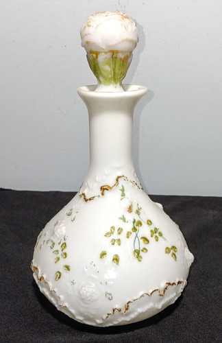 Antique Victorian Hand-Painted White Milk Glass Barber Bottle Embossed Roses