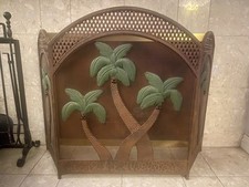 Vintage Palm Tree Design Brown Metal Fireplace Screen Folding Screen