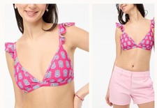 NWT J Crew Floral ruffle-shoulder V-neck bikini top Pink Flashback Multi Sz L